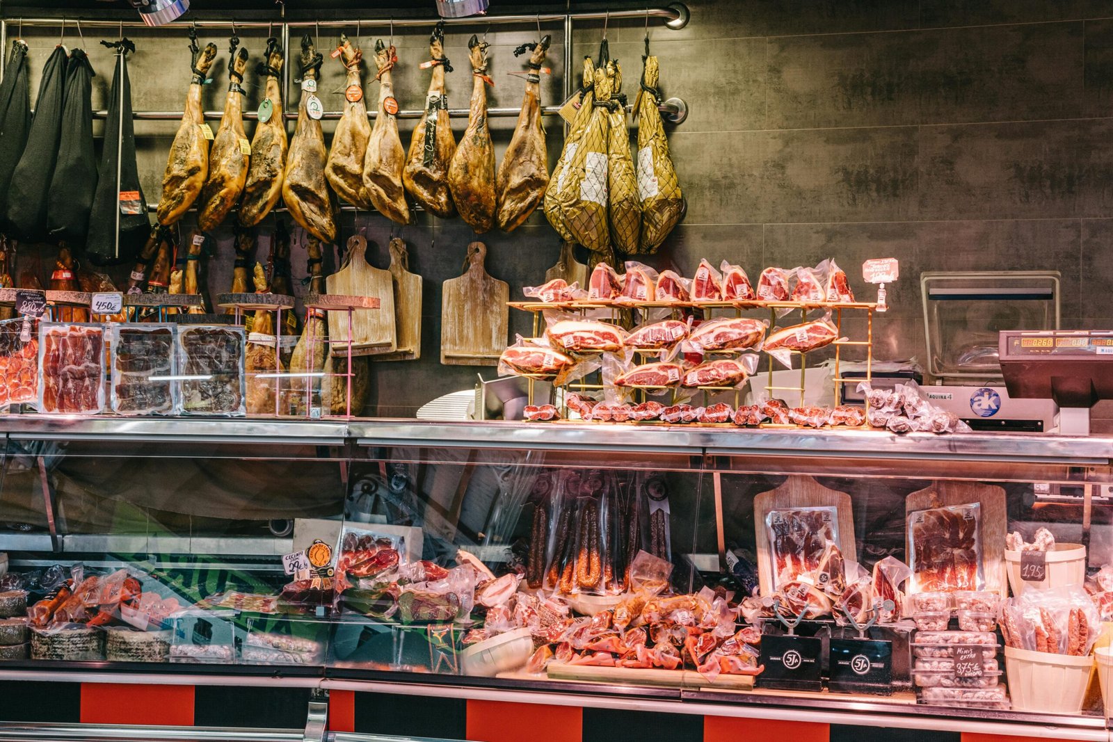 Traditional Spanish meats displayed in a butcher shop in Valencia, Spain.